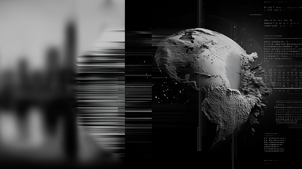 Monochrome 3D globe with digital overlays, illustrating the complexity of aligning international AI governance across multiple jurisdictions and regulatory systems.
