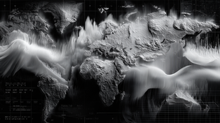 Black-and-white 3D topographic world map overlaid with abstract data waves and vertical grid lines, symbolizing geopolitical risk exposure across global markets, supply chains, technologies, and capital flows — visual context for Emergent Line’s 15-minute framework to assess international disruption risks.
