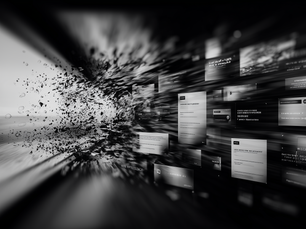 Abstract high-speed visual of data fragments and dashboards in motion, symbolizing the creation of rapid response protocols for disruptions in global supply chains, integrating operational intelligence, geographic risk mapping, and governance alignment.