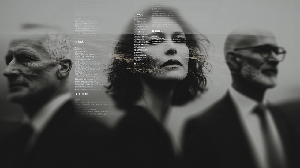 Black-and-white composite of three executives in motion, overlaid with abstract data streams, illustrating the AI planning lessons from 2025 around optionality, adaptive governance, staged investment, and cross-functional leadership entering 2026.