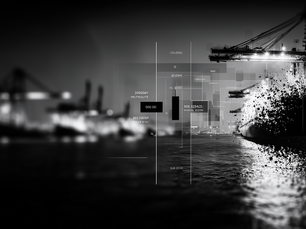 Abstract monochrome image of a cargo ship at port dissolving into digital fragments, symbolizing the trade-offs in cost vs resilience in supplier selection under volatile global shipping, commodity, and currency conditions.
