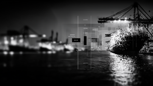 Abstract monochrome image of a cargo ship at port dissolving into digital fragments, symbolizing the trade-offs in cost vs resilience in supplier selection under volatile global shipping, commodity, and currency conditions.