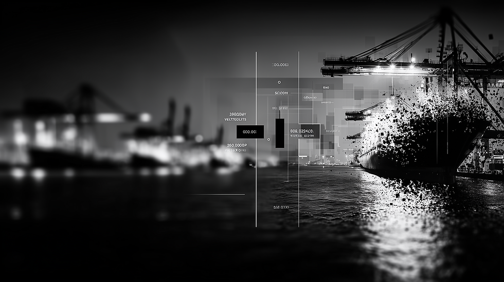 Abstract monochrome image of a cargo ship at port dissolving into digital fragments, symbolizing the trade-offs in cost vs resilience in supplier selection under volatile global shipping, commodity, and currency conditions.
