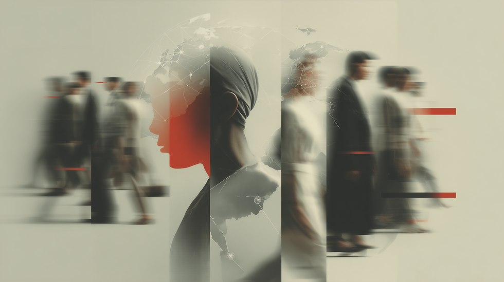 A central human profile layered with global network maps and surrounding figures in motion, representing how sovereign AI finance is designed to serve plural publics by embedding representation, accountability, and long-term institutional governance into national AI systems.