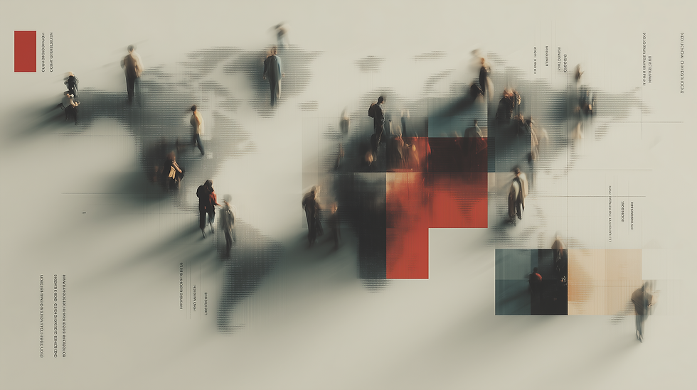 Abstract global map formed by people in motion and structured civic patterns, representing collective participation in sovereign AI systems where public legitimacy, inclusion, and shared stewardship guide how national AI capabilities are built and sustained.