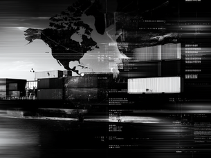 Visual overlay of shipping containers, global trade routes, and data streams—illustrating the strategic risks of supplier overconcentration in Mexico during the 2025 nearshoring wave. Used in Emergent Line’s blog post on supplier diversification strategies for mid-cap companies facing geopolitical and operational volatility.