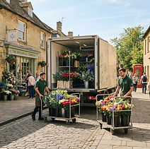 cut flower delivery lorry unloading - made-up brand, no text, aspirational, UK, pleasantly