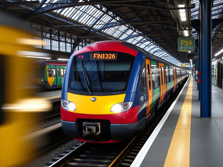 AI-generated image of a modern passenger train at a covered UK railway station platform with motion blur from a passing train and platform signage visible.