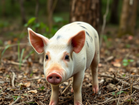 AI-generated piglet standing on a woodland floor with trees and natural forest surroundings representing livestock farming and sustainable agriculture.