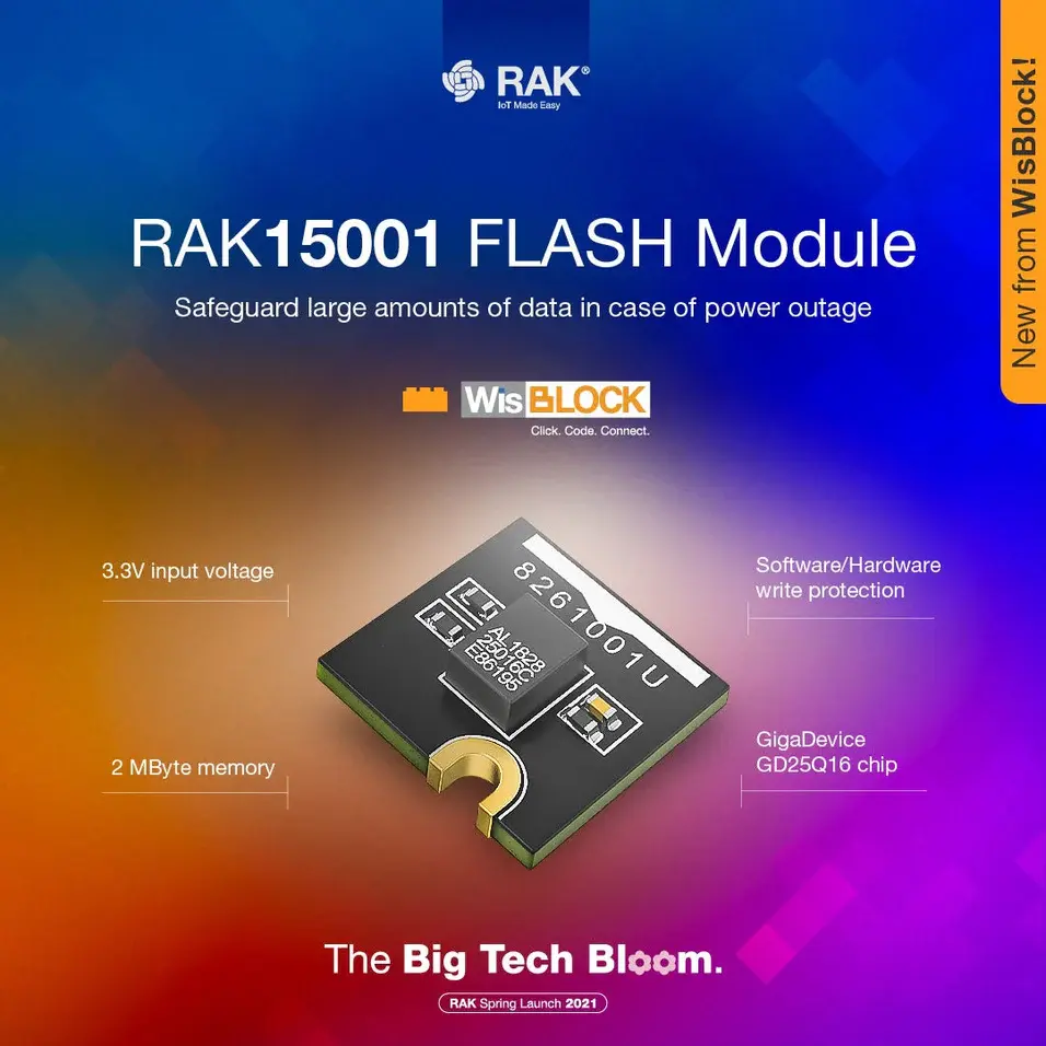 Thumbnail: Promotional image showing RAK15001 WisBlock Flash Module secure data storage for IoT applications