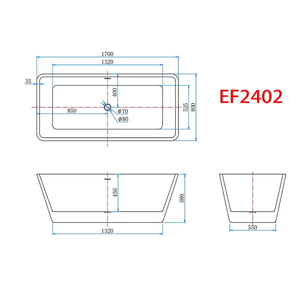 Thumbnail: Freestanding Double Ended Bath Tub 1700x800mm Integral Waste & Overflow