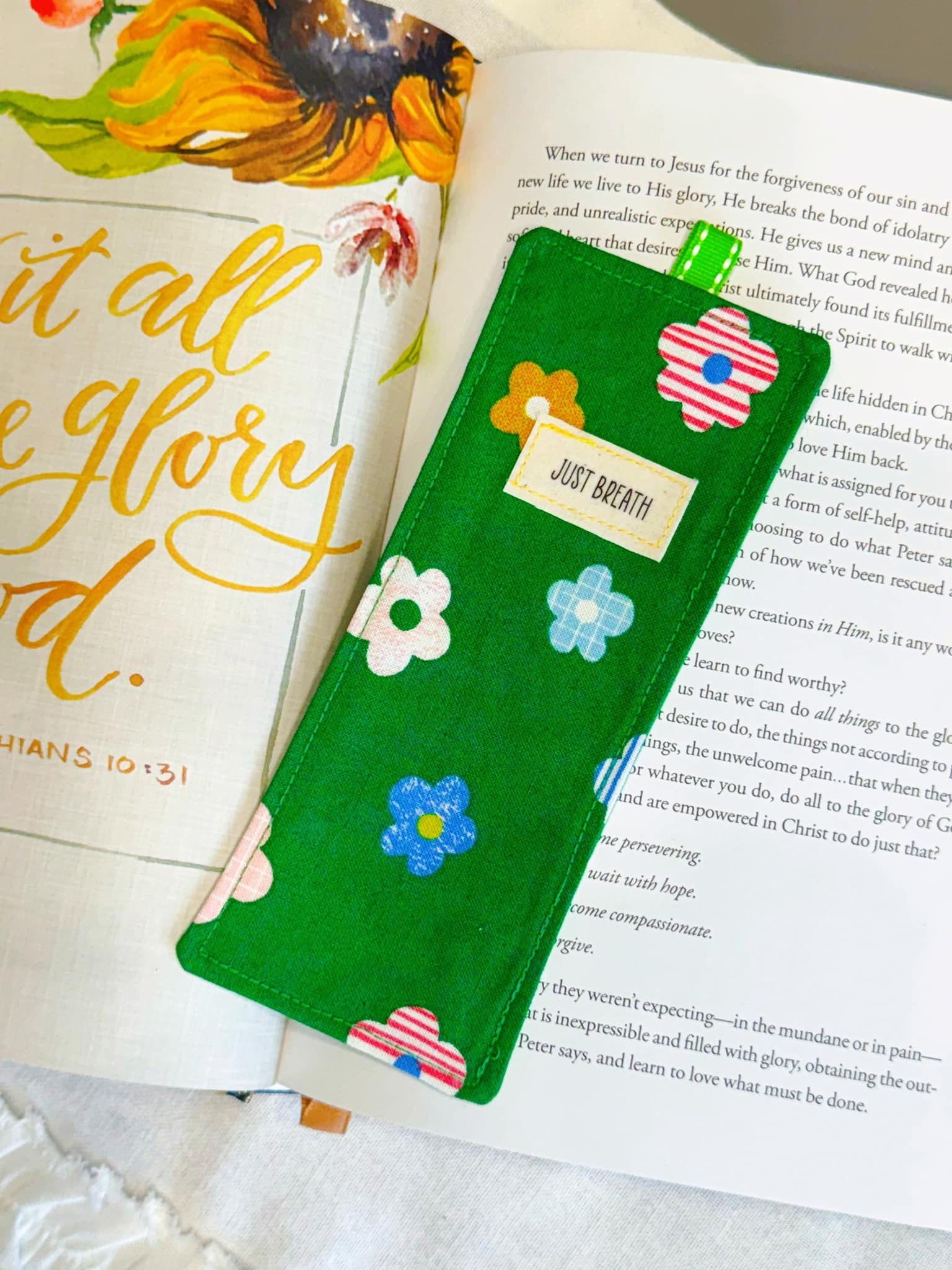 JUST BREATH Green Floral Bookmarker