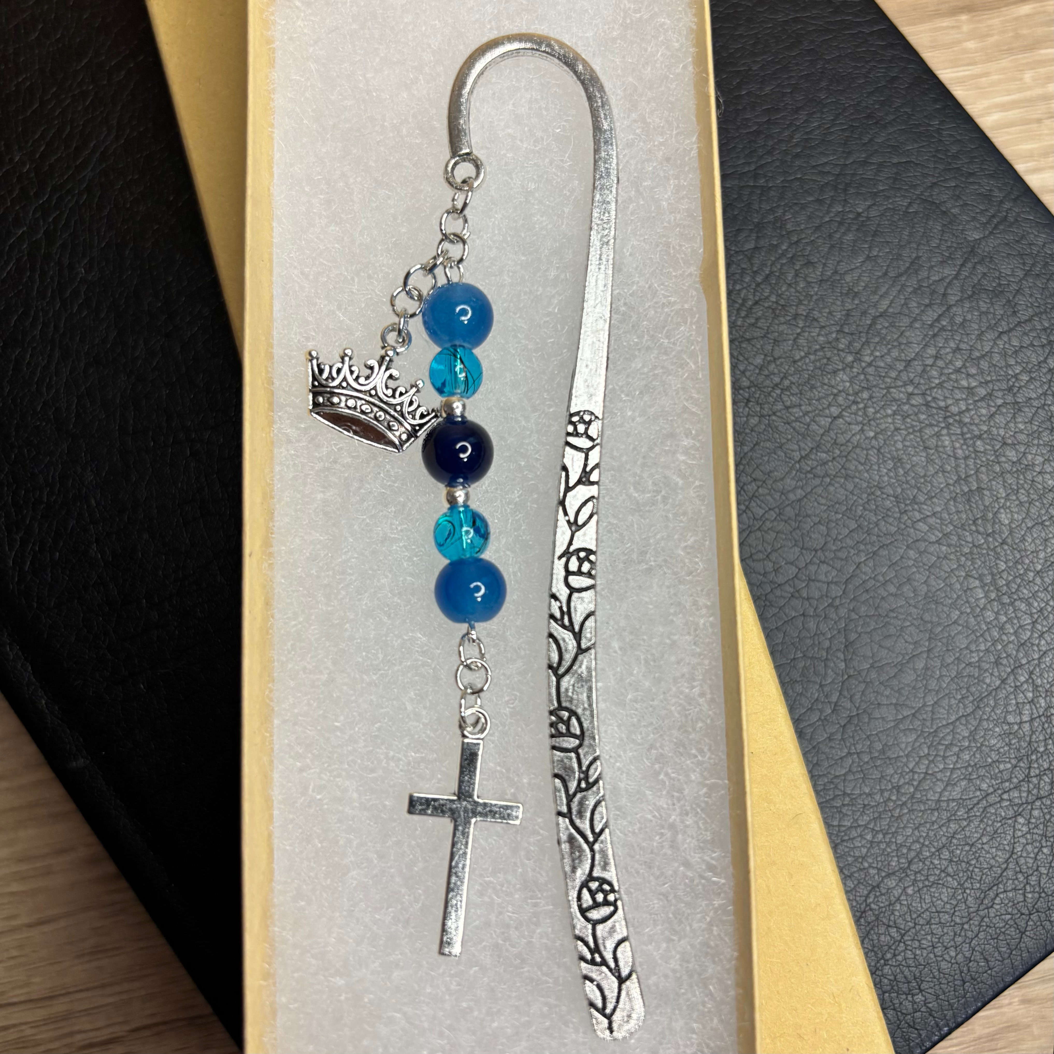 Metal Cross Crown Christian Jesus is King Bookmark Teal Blue