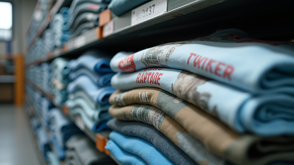Close-up view of stacked custom printed t-shirts ready for shipping