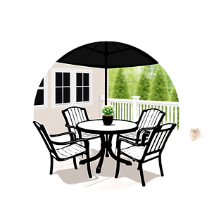 a black logo of a backyard deck with a t