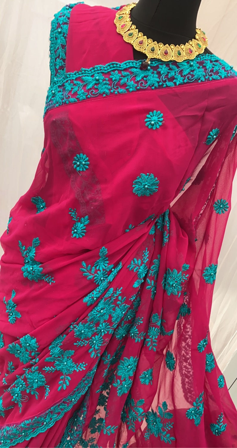 Thumbnail: Pink& turquoise embroidery saree