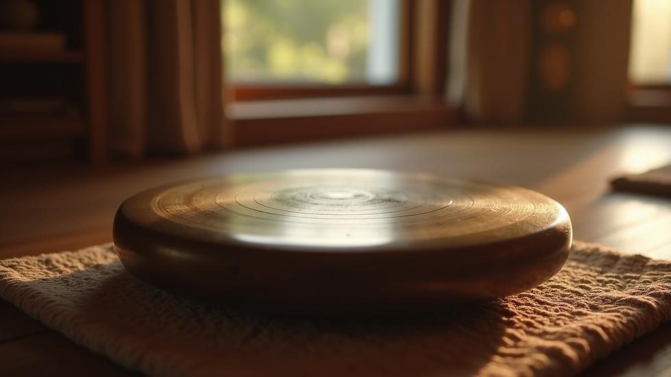 Close-up view of a gong being gently struck during a sound healing session