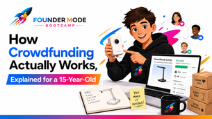 Teen founder presenting a product prototype beside a laptop displaying a crowdfunding campaign, with backer icons, reward boxes, and Founder Mode Bootcamp branding.
