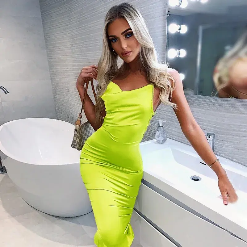 Thumbnail: Neon Satin Lace Up Women's Long Midi Dress Light Pink Elegant