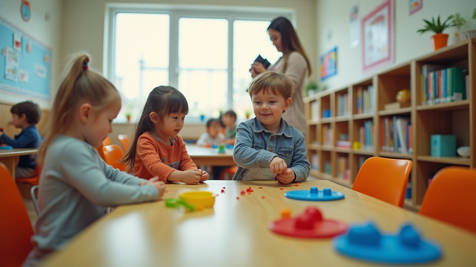 Eye-level view of a daycare classroom with children playing and caregivers supervising