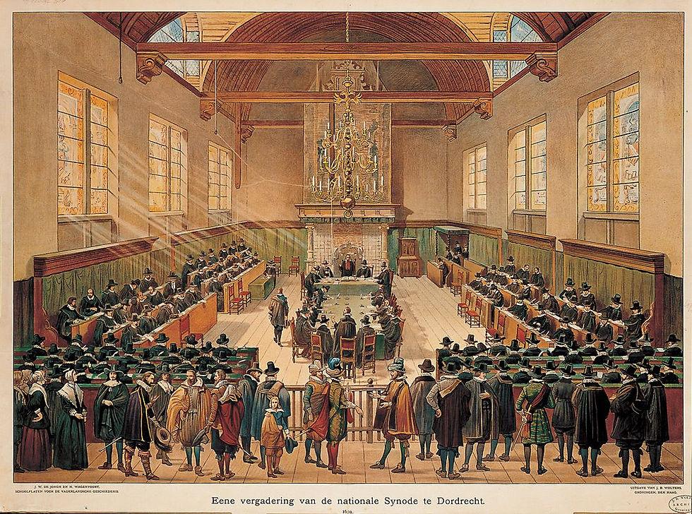 A picture of the Synod of Dort. A large conference hall with many men gathered.