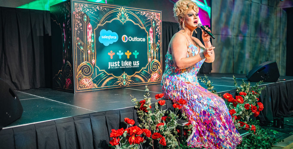 Drag Performer Karla Bear performing at Salesforce Outforce Wicked themed gala in aid of Just Like Us, produced by Baby Grand Collective
