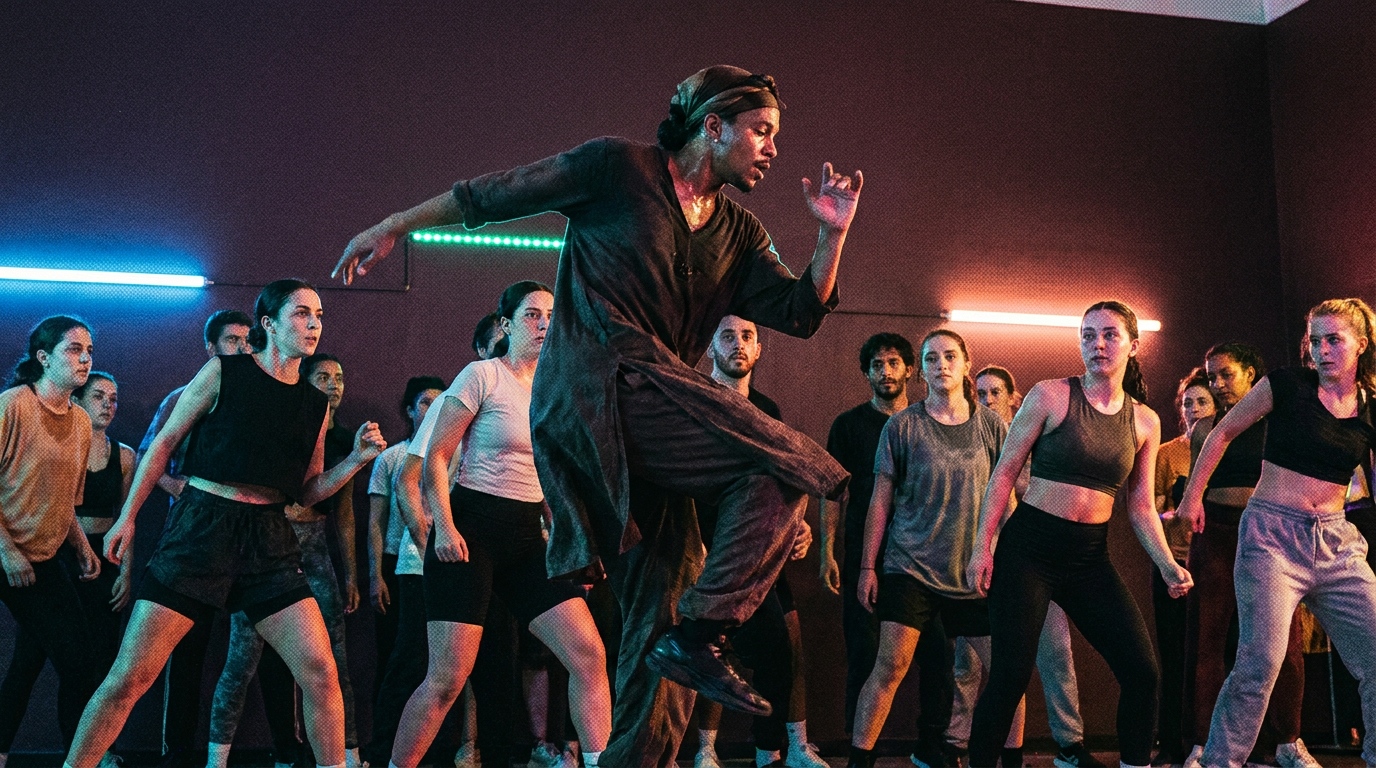 A dance teacher leading a studio class, caught mid-demonstration
