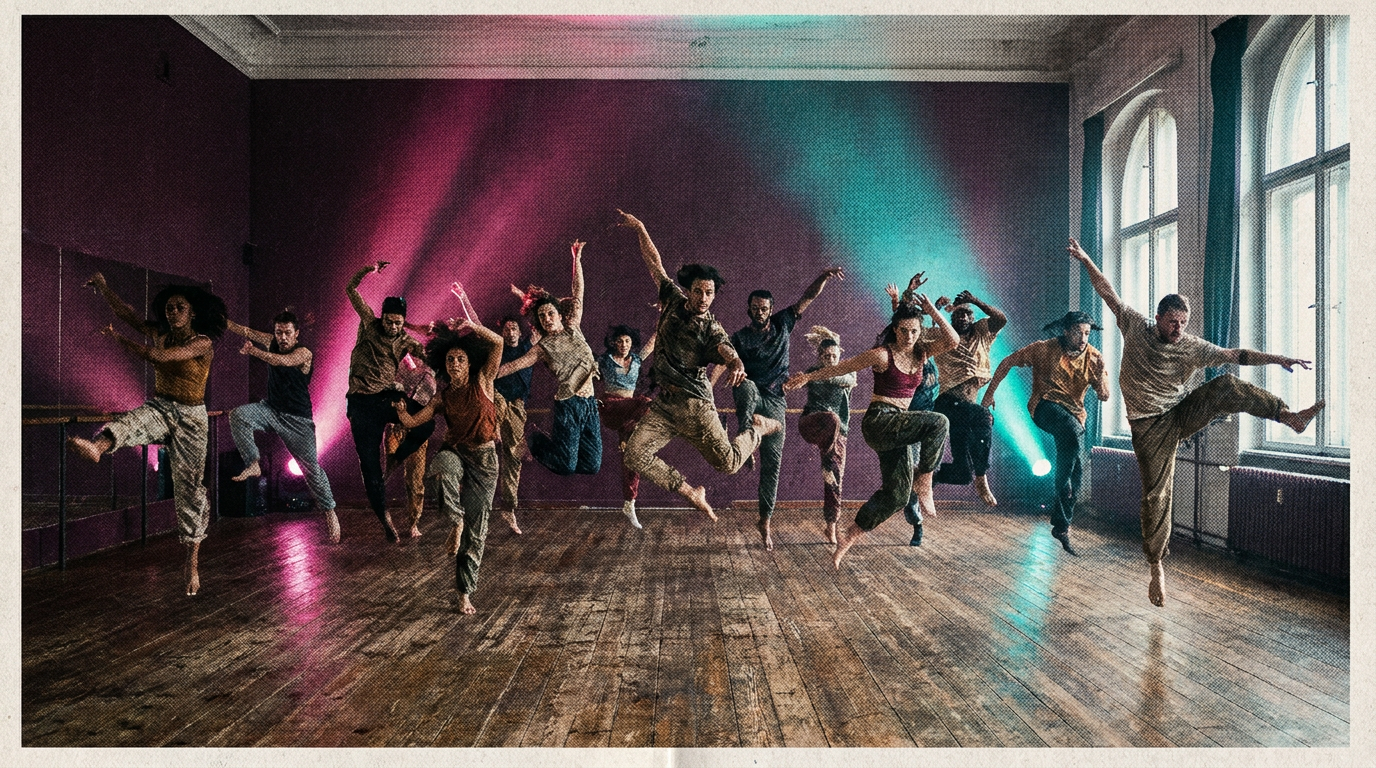 A group of dancers moving together under dramatic pink and teal lighting