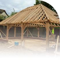 Oak-frame double garage under construction in Cumnor Hill
