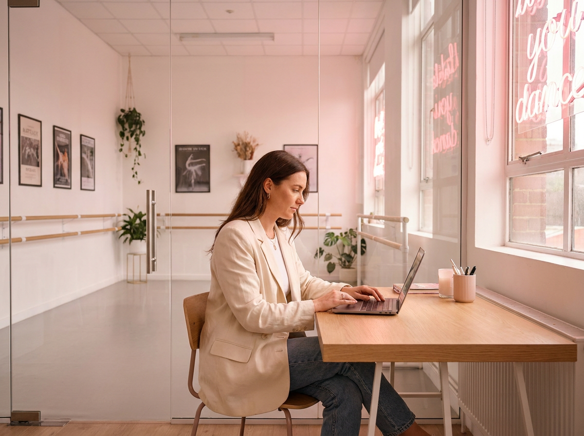 A studio owner working at a laptop in a bright studio office