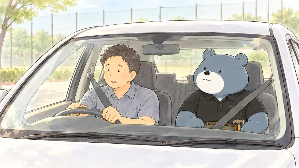 車内で、運転する若い男性と青いクマのぬいぐるみ風キャラがシートベルトを着けて並び、外は晴れた公園脇で少し驚いた表情。