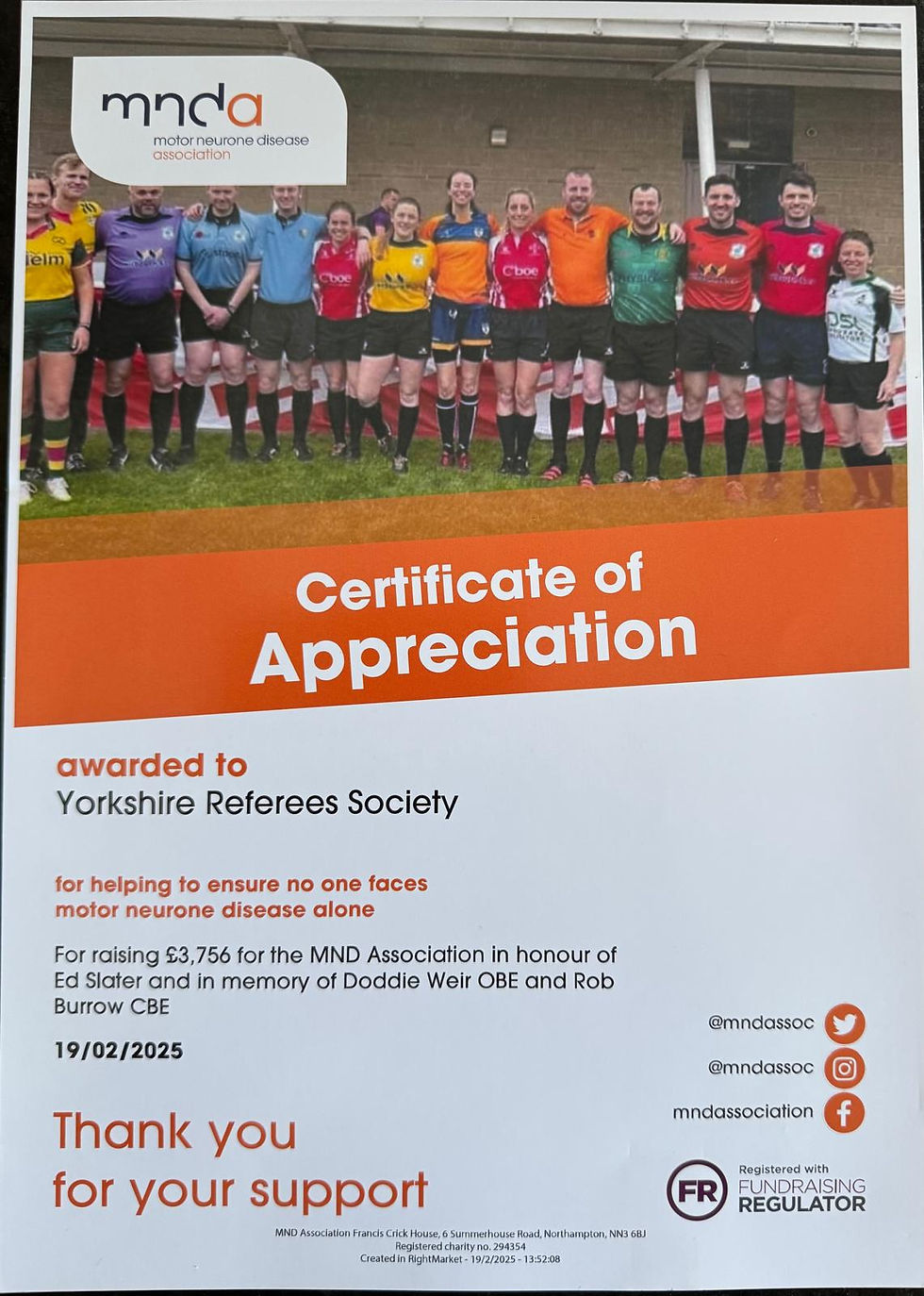 Certificate of Appreciation awarded to the Yorkshire Referees Society by the MND Association for raising £3,756 in memory of Doddie Weir OBE and Rob Burrow CBE, supporting those affected by motor neurone disease.