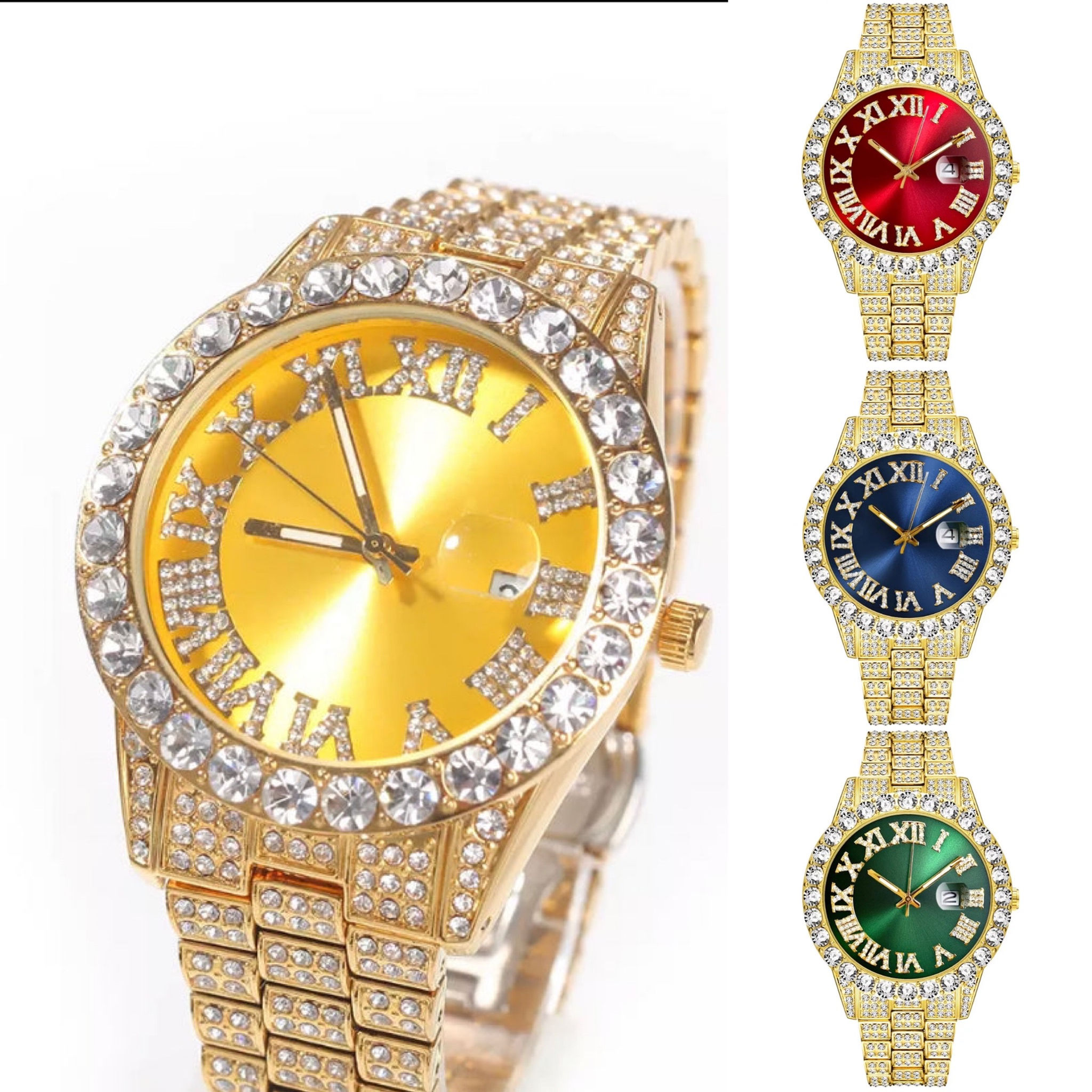Elegant Rhinestone Round Face Watch- Gold