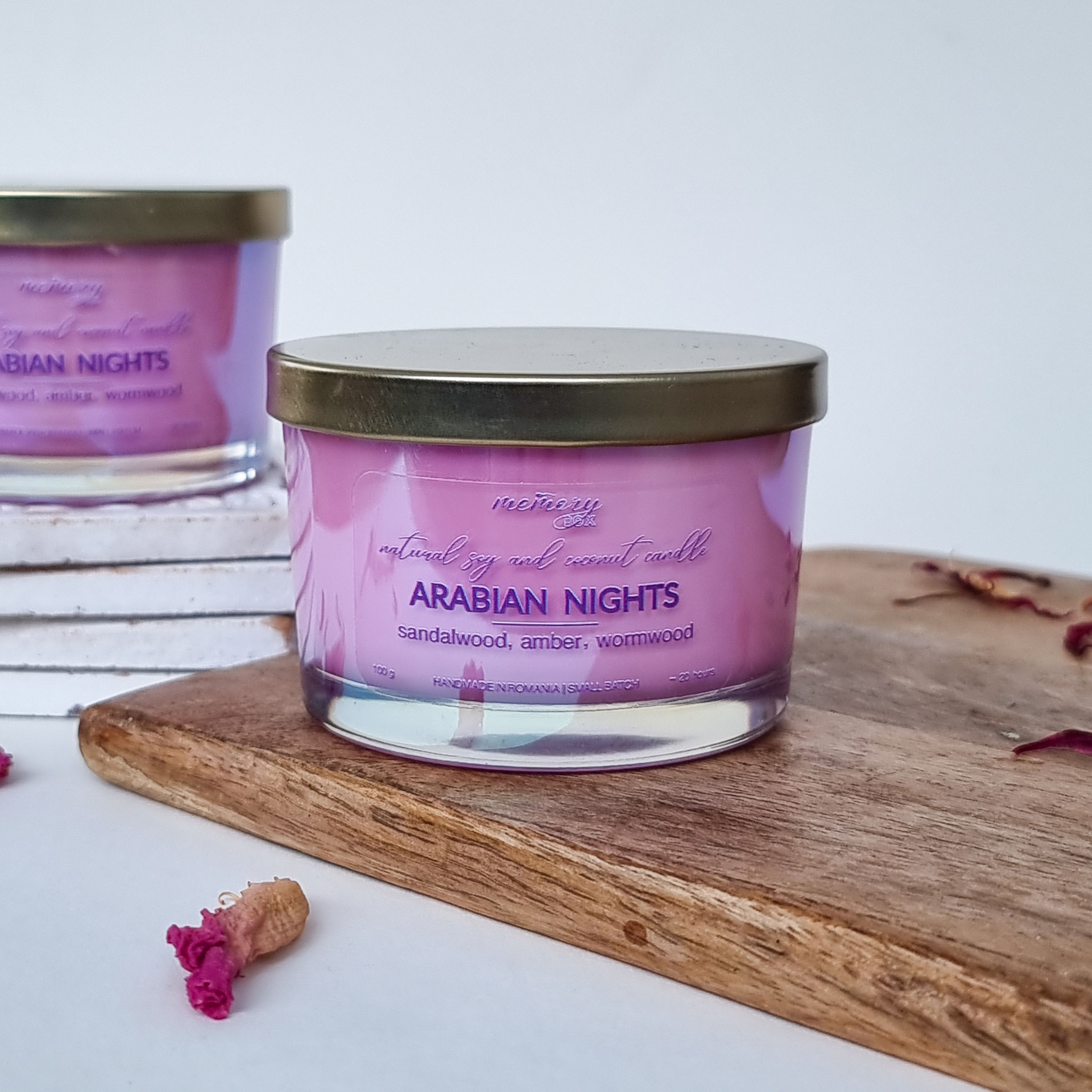 Lumânare parfumată în recipient iridescent mov, fitil de bumbac, cadou lumanare