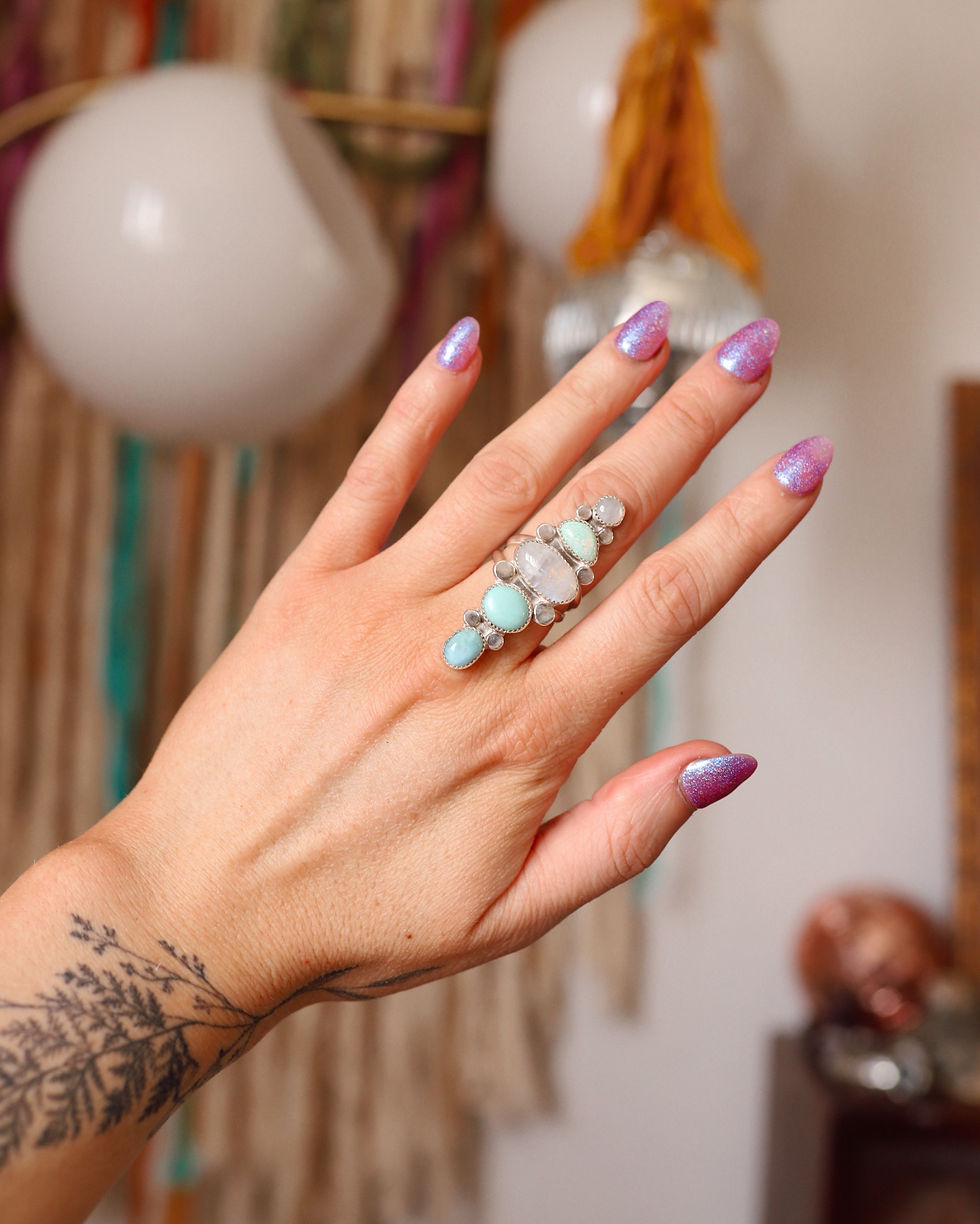 Thumbnail: (7.75) Silver Rainbow Moonstone, Turquoise, Larimar, and Opal Ring