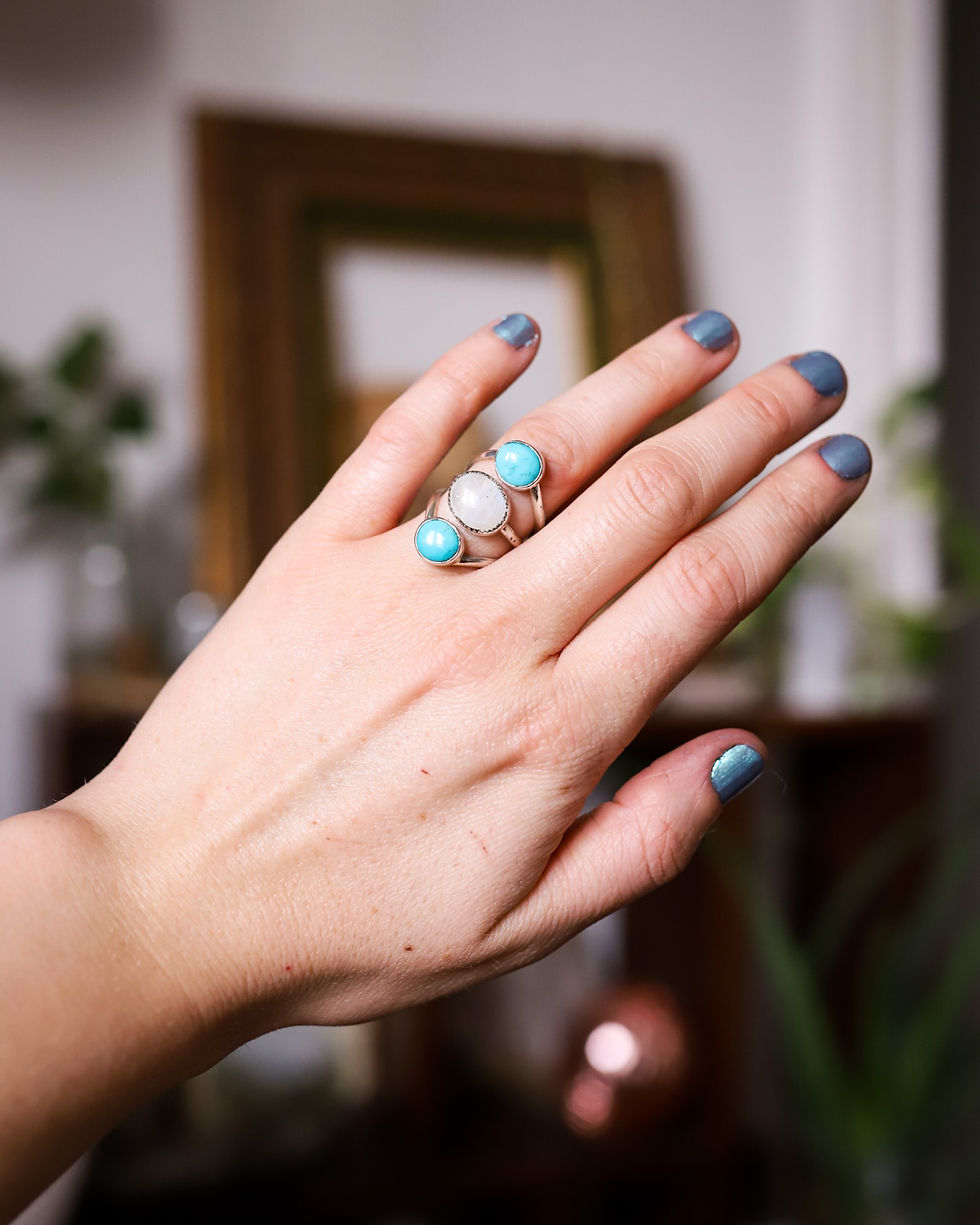 Thumbnail: (6.75) Silver Rainbow Moonstone and Turquoise Ring (6.75)