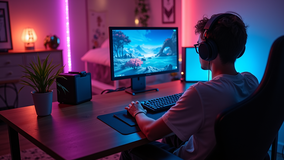 Eye-level view of a cozy gaming setup with colorful LED lights