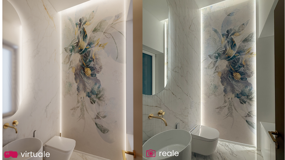 Confronto configuratore in realtà virtuale e progetto realizzato bagno carta da parati floreale e ma