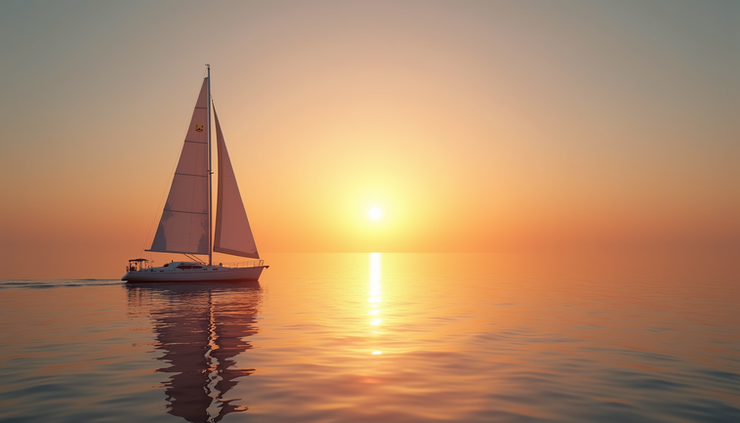Weitwinkelaufnahme eines Segelboots auf ruhigem Wasser bei Sonnenuntergang, Symbol für Projekt Ocean