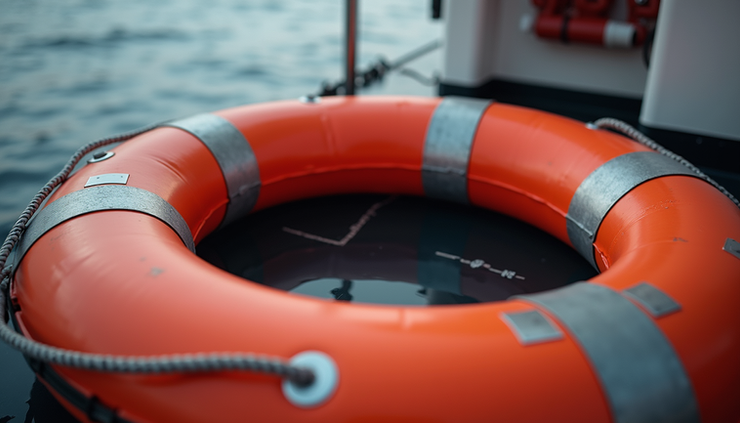 Nahaufnahme einer Rettungsinsel für vier Personen auf dem Deck eines Expeditionsschiffs