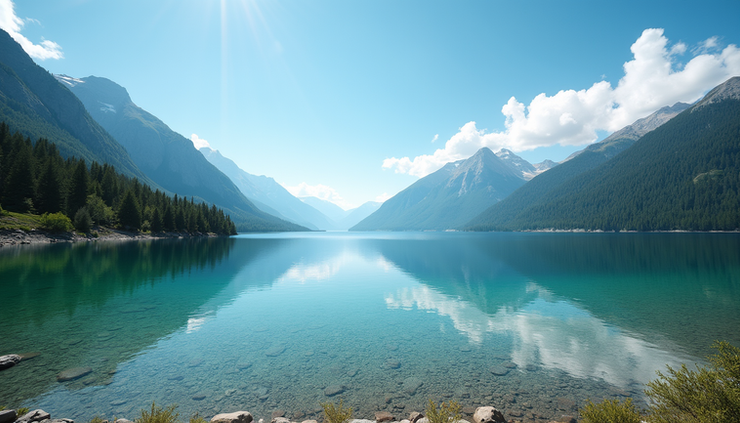 Weitwinkelaufnahme eines klaren Bergsees mit unberührter Natur und blauem Himmel