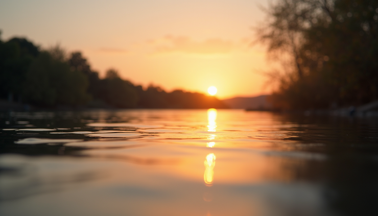 Nahaufnahme eines ruhigen Flussufers bei Sonnenuntergang, Blick vom Wasser aus