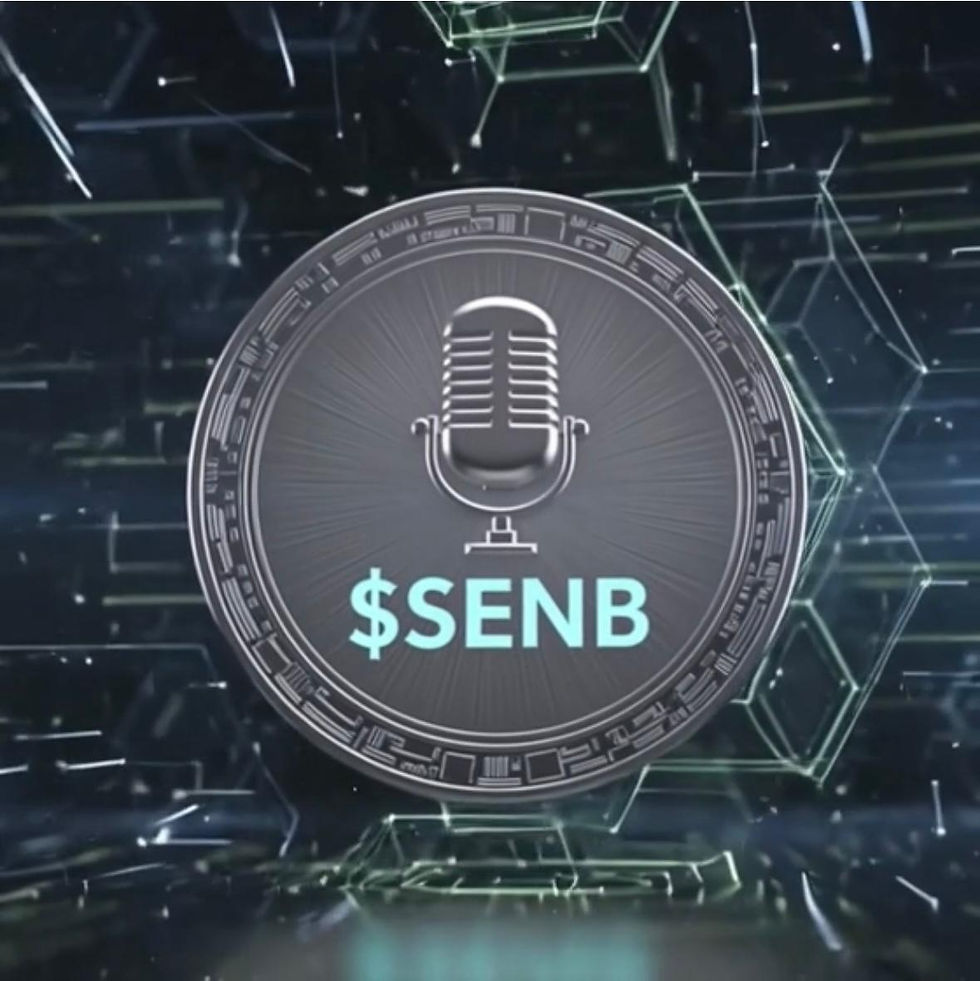 The $SENB token displayed on a digital blockchain background