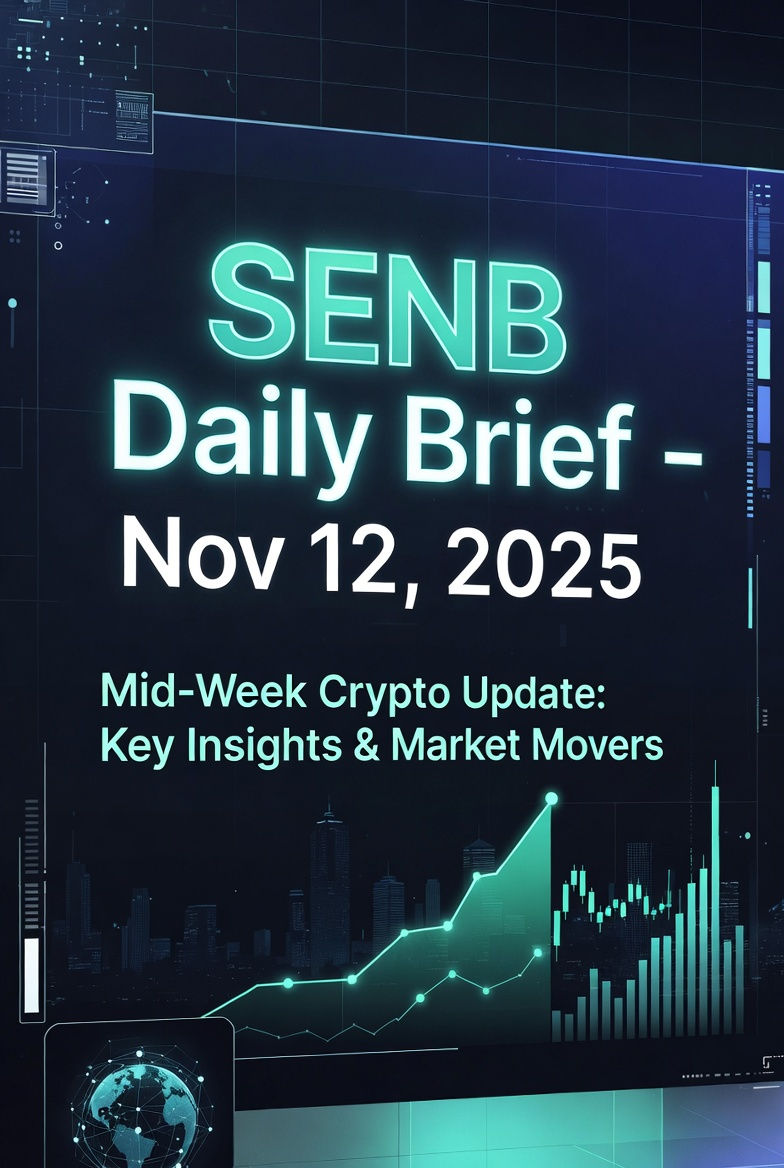 Futuristic crypto-themed banner displaying ‘SENB Daily Brief – Nov 12, 2025’ with market charts and digital highlights.