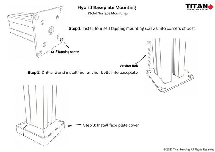 Technical diagram of optional aluminum post base mount for surface-mounting Hybrid H-posts to concrete or solid surfaces.