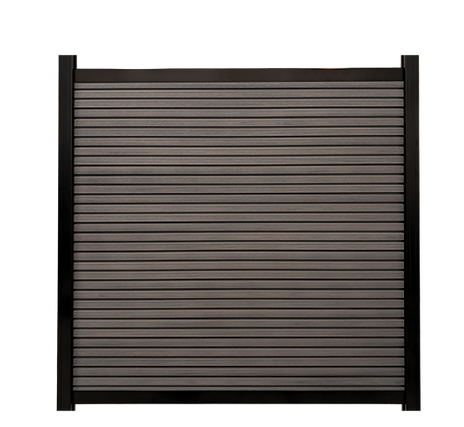 Walnut wood-tone horizontal WPC hybrid fence panel with 6ft post spans and realistic composite woodgrain.