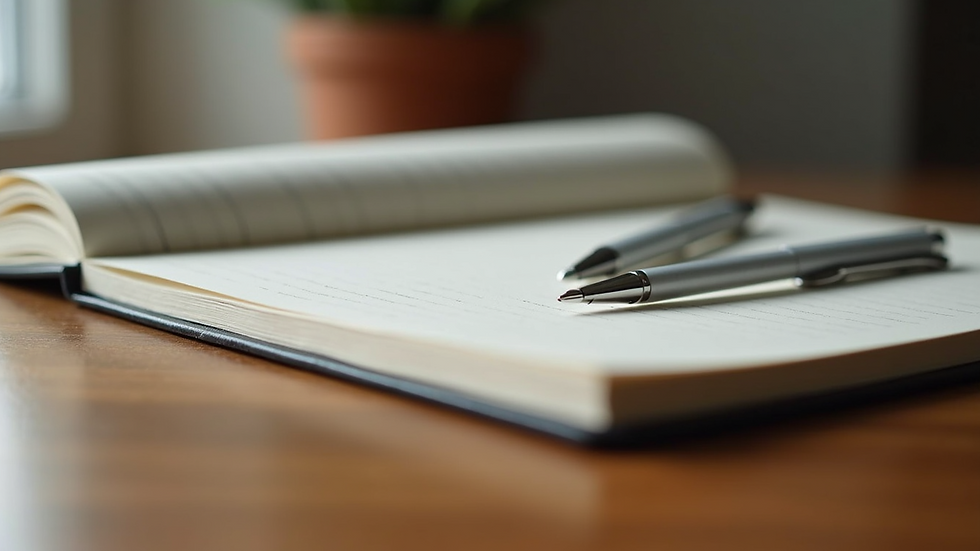 Close-up view of a journal and pen on a wooden desk
