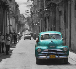 GREEN CAR ON STREET B&W