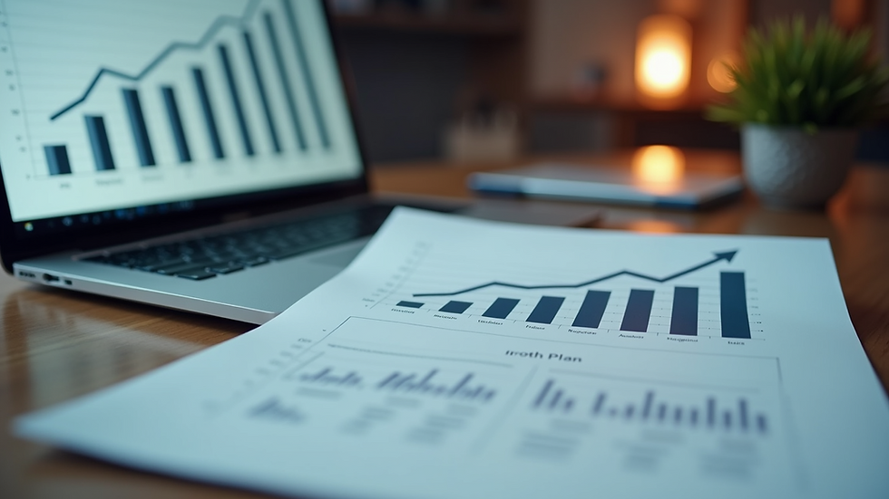 Close-up view of a business consultant presenting a growth plan on a laptop