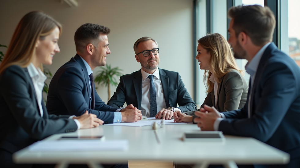 Eye-level view of a business team discussing strategy around a table